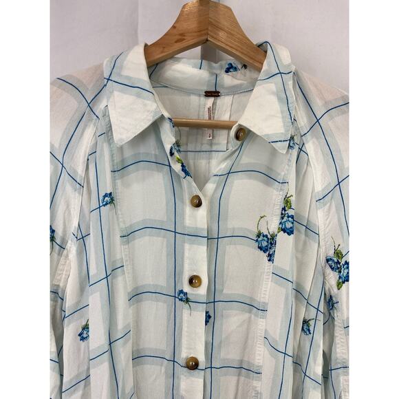 FREE PEOPLE Size S Window To My Heart Button Down Shirt Check Floral White Blue - Picture 4 of 9